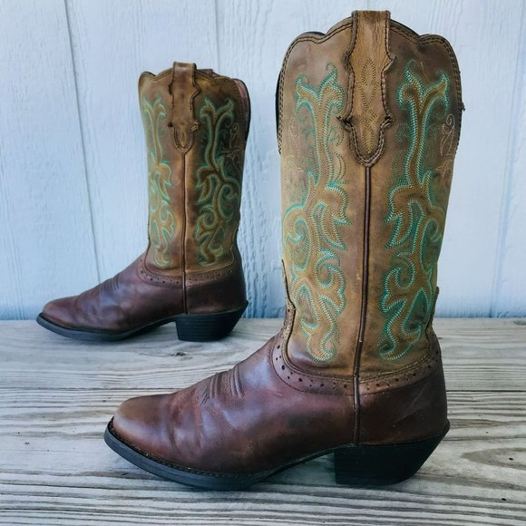 Justin Boots Shoes Justin Stampede Cowboy Western Boots Womens Sz 75 B Brown Leather L2552